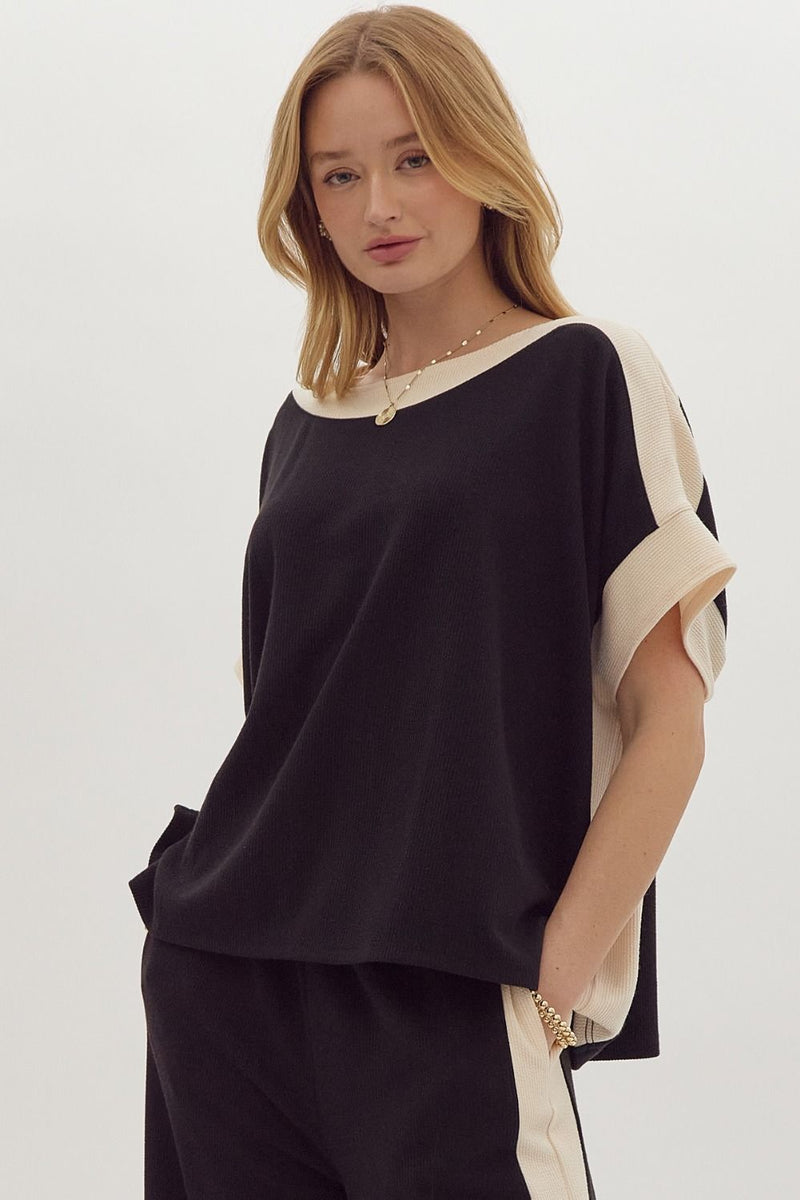 Hazel Blues® |  Solid Ribbed Contrast Trim Boatneck Top in Black