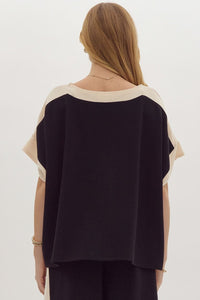 Hazel Blues® |  Solid Ribbed Contrast Trim Boatneck Top in Black