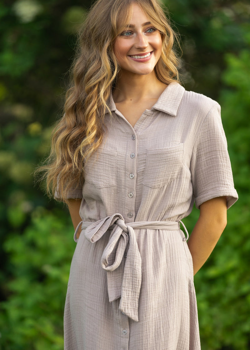 gauze shirt dress Essential Taupe Short Sleeve Dress, Small length for a flattering fit White Cotton Shirt Dress in