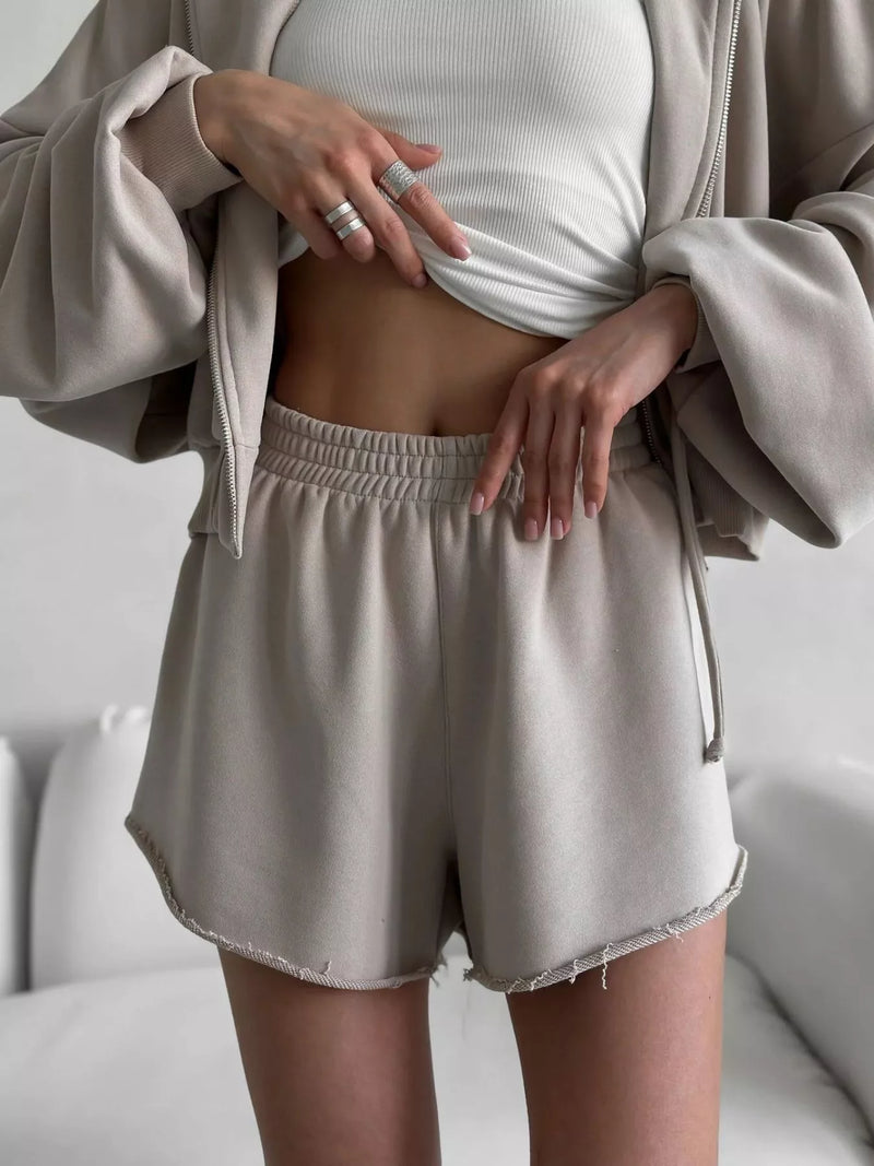 Raw-Hem Pocketed Zip-Up Hoodie and Shorts Set – Hazel Blues®
