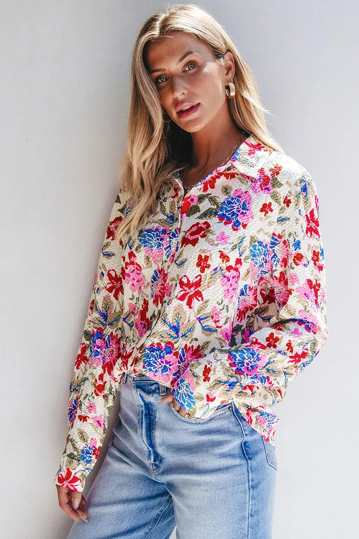 Hazel Blues® |  Floral Collared Neck Long Sleeve Shirt