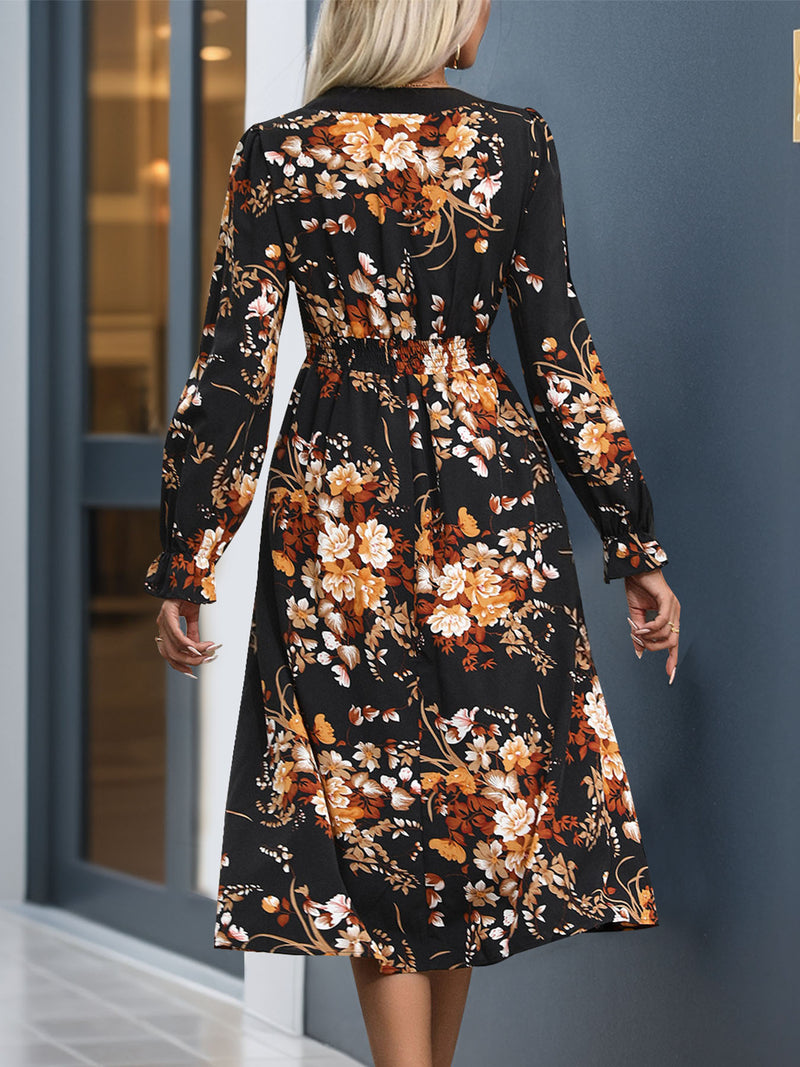 Hazel Blues® |  Printed Notched Long Sleeve Midi Dress