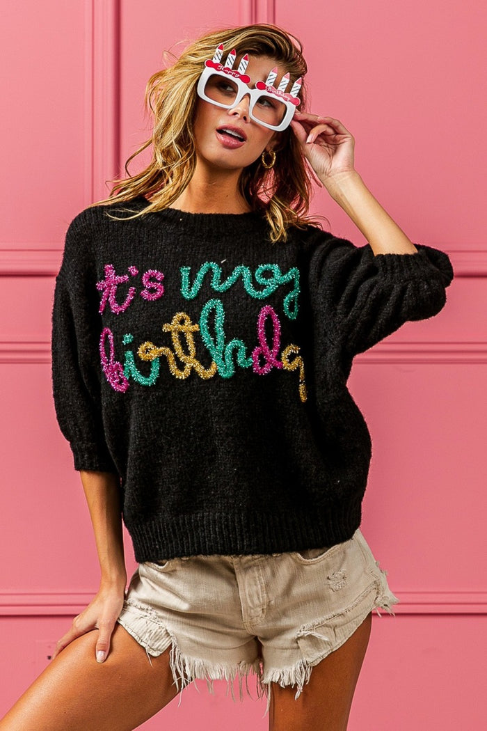 Hazel Blues® |  BiBi Metallic Letter Puff Sleeve Hairy Sweater