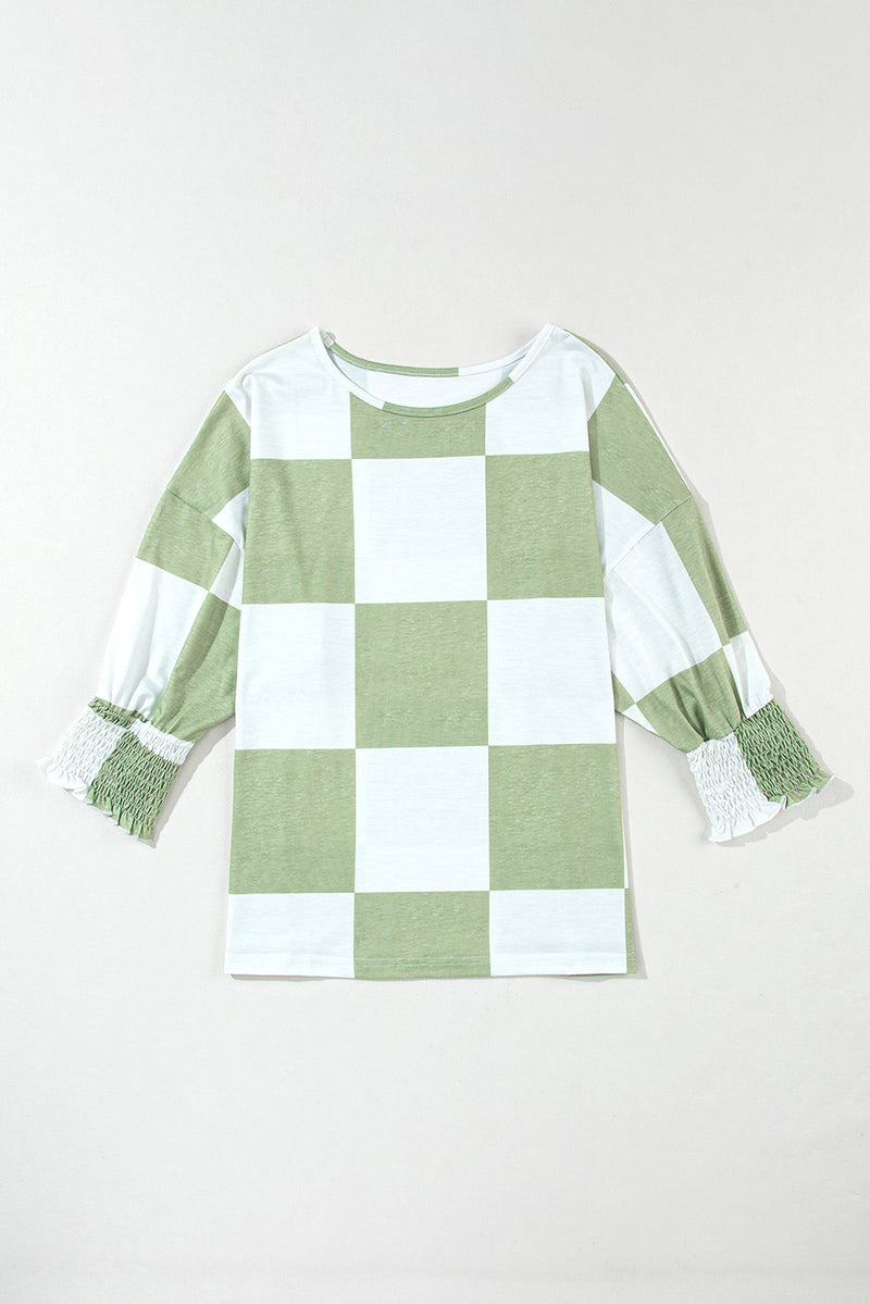 Hazel Blues® |  Checkered Round Neck Lantern Sleeve Top