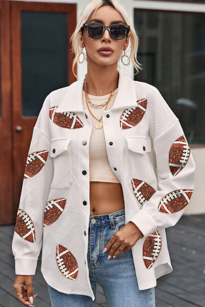 Hazel Blues® |  Sequin Football Patch Collared Neck Snap Button Jacket