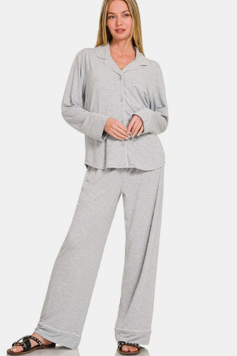 Hazel Blues® |  Zenana Button Down Long Sleeve Top and Pants Lounge Set