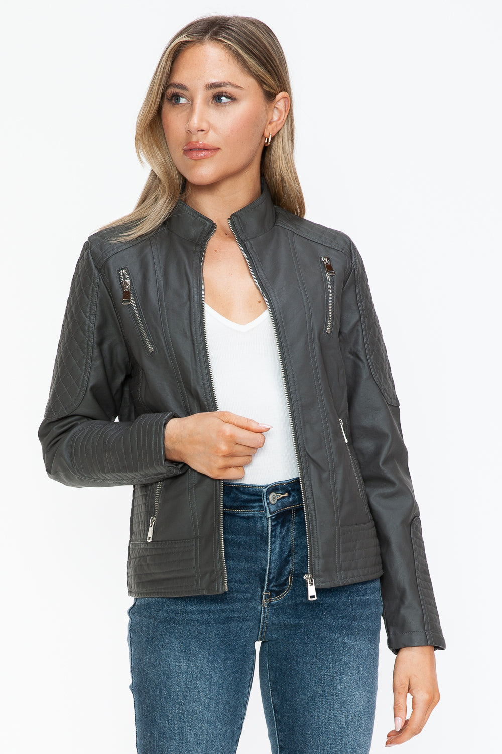 Hazel Blues® |  Snobbish Faux Leather Zip Up Mock Neck Jacket