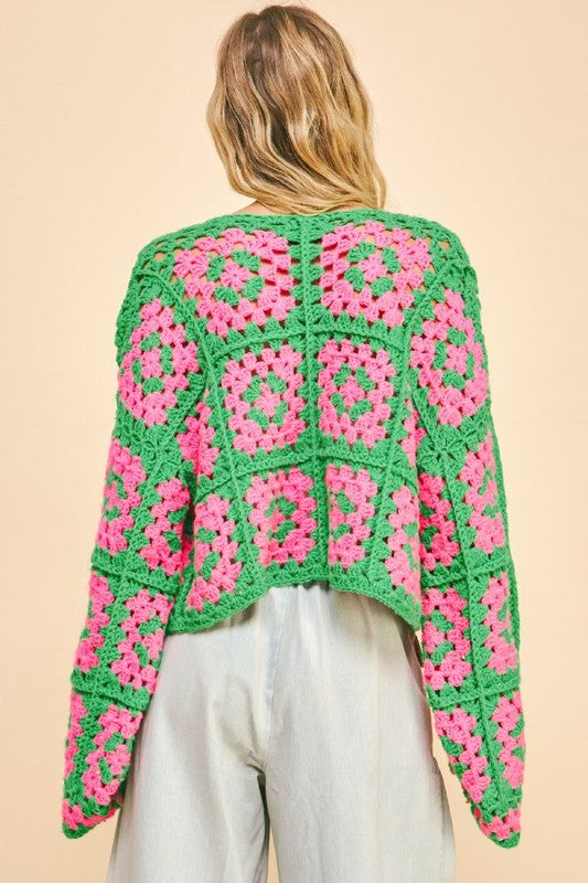 Hazel Blues® |  Davi & Dani Two Tone Flower Square Crochet Open Front Cardigan