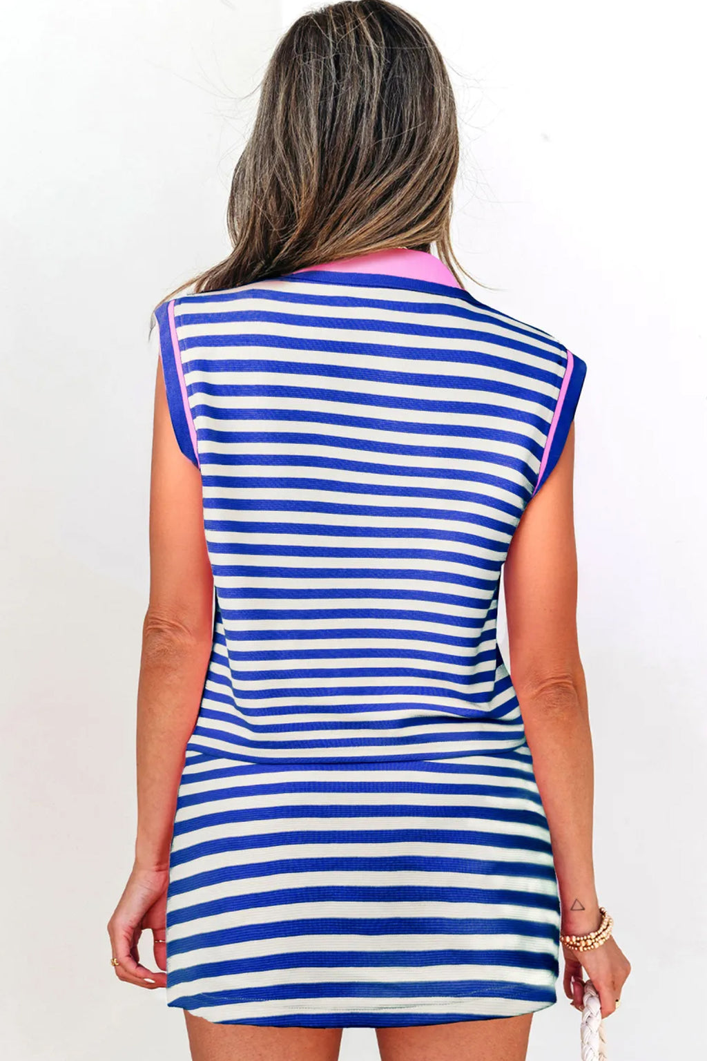 Everly Blake Dark Blue Textured Stripe Print Contrast Trim Zip Collar Sleeveless 2-Piece Skort Set
