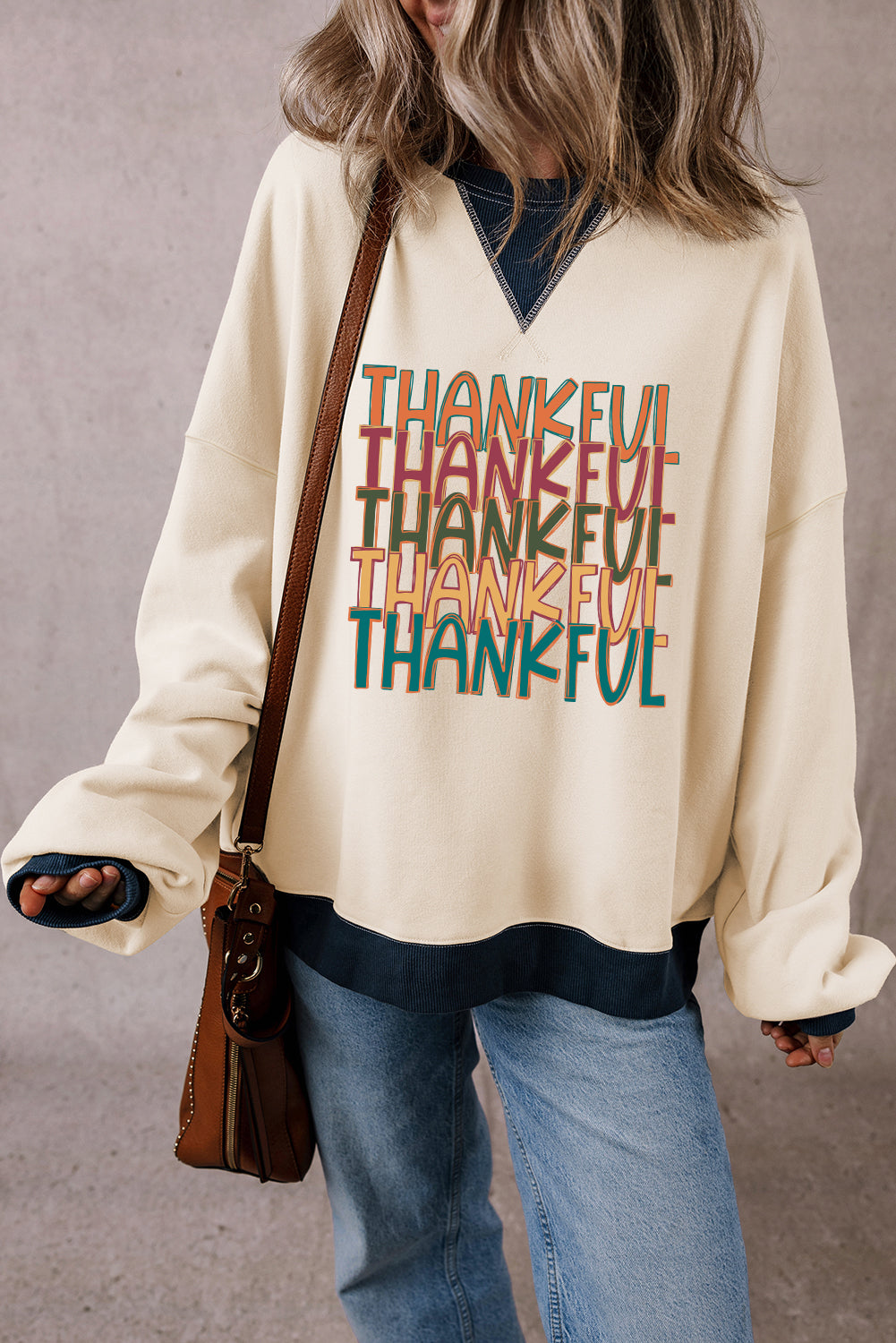 Hazel Blues® |  White THANKFUL Graphic Colorblock Edge Oversized Thanksgiving Sweatshirt