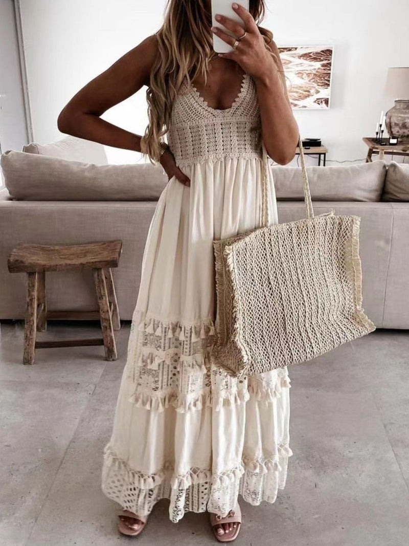 Hazel Blues | Bohemian Crochet Trimmed Cami Dress with Tassel Trim Hazel Blues | Bohemian Crochet Trimmed Cami Dress with Tassel Trim