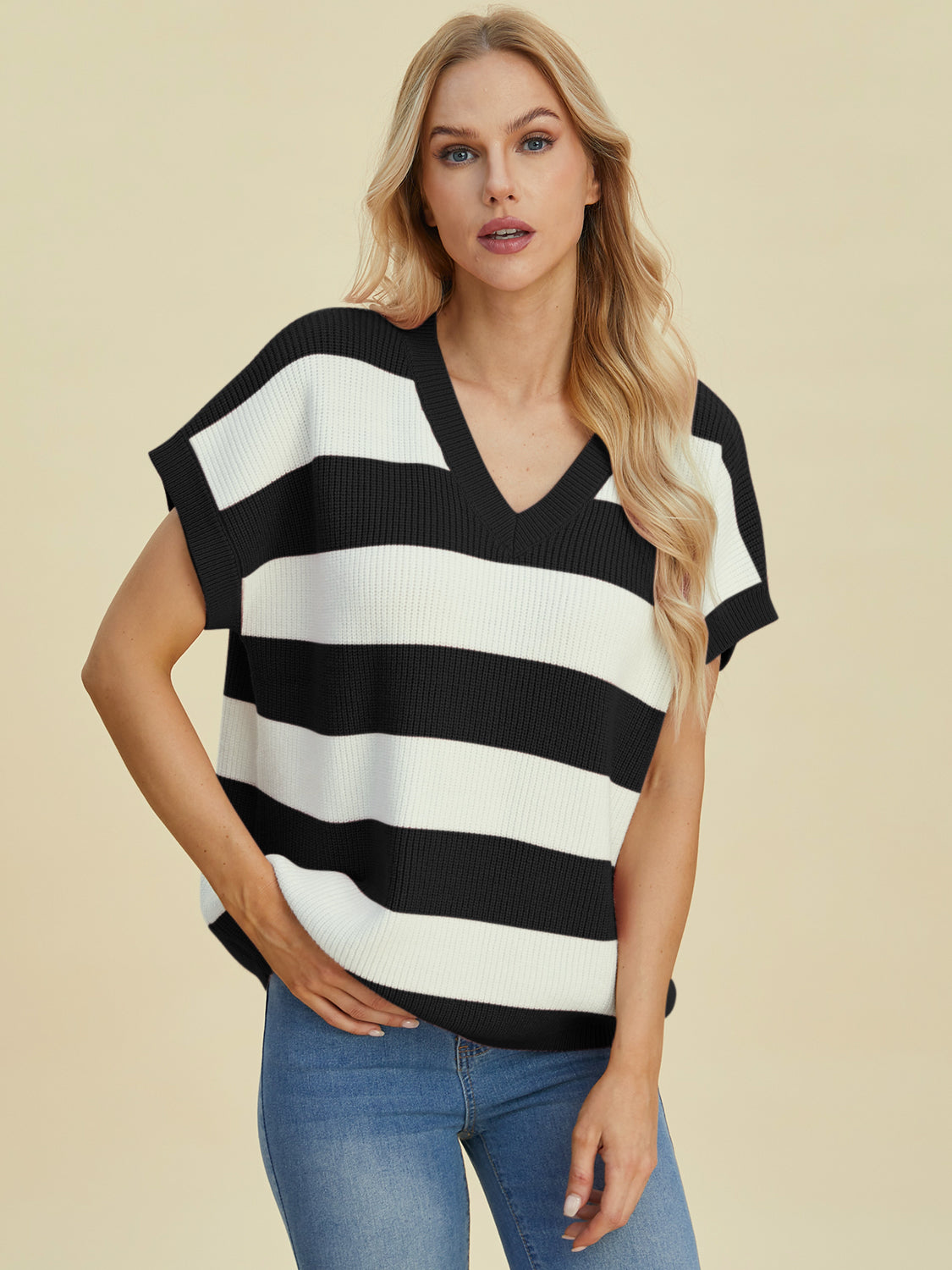 Hazel Blues® |  Double Take Striped V-Neck Short Sleeve Sweater