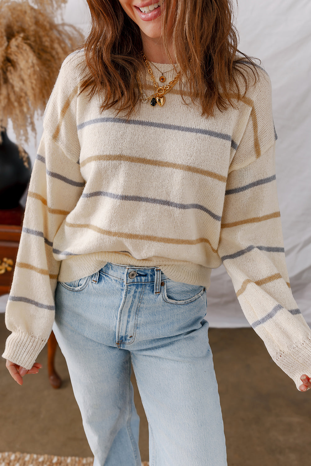 Hazel Blues® |  Multicolour Striped Ribbed Edge Drop Shoulder Sweater
