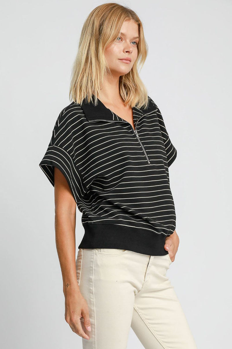 Hazel Blues® |  Umgee Striped Half Zip Short Sleeve Sweatshirt