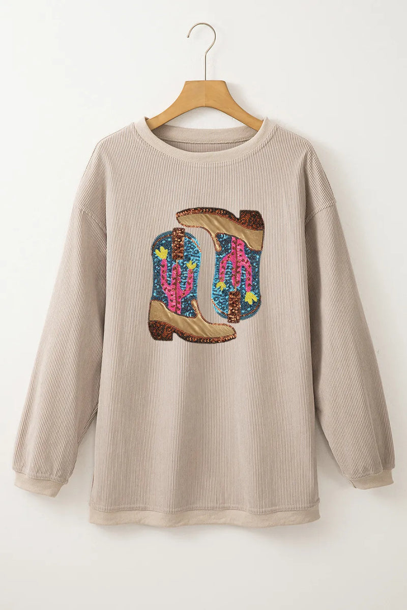 Hazel Blues® |  Sequin Boots Round Neck Long Sleeve Sweatshirt