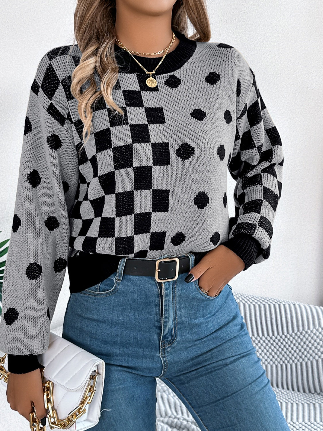 Hazel Blues® |  Plaid Round Neck Long Sleeve Sweater