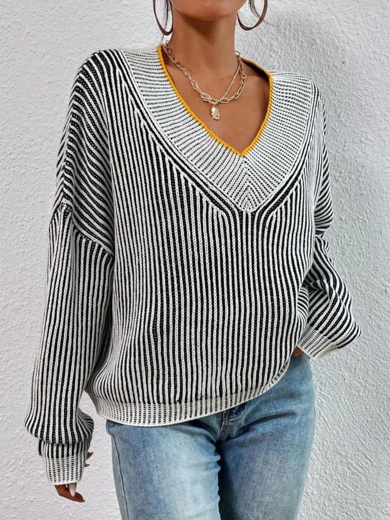 Hazel Blues® |  Striped V-Neck Long Sleeve Sweater