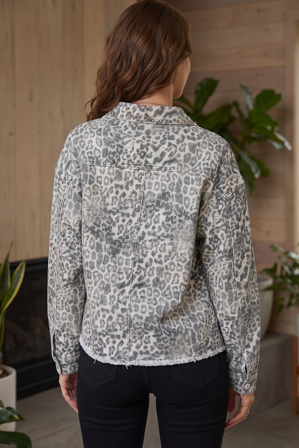 Ruby Sage Khaki Leopard Print Studded Collar Studded Patch Pocket Denim Jacket