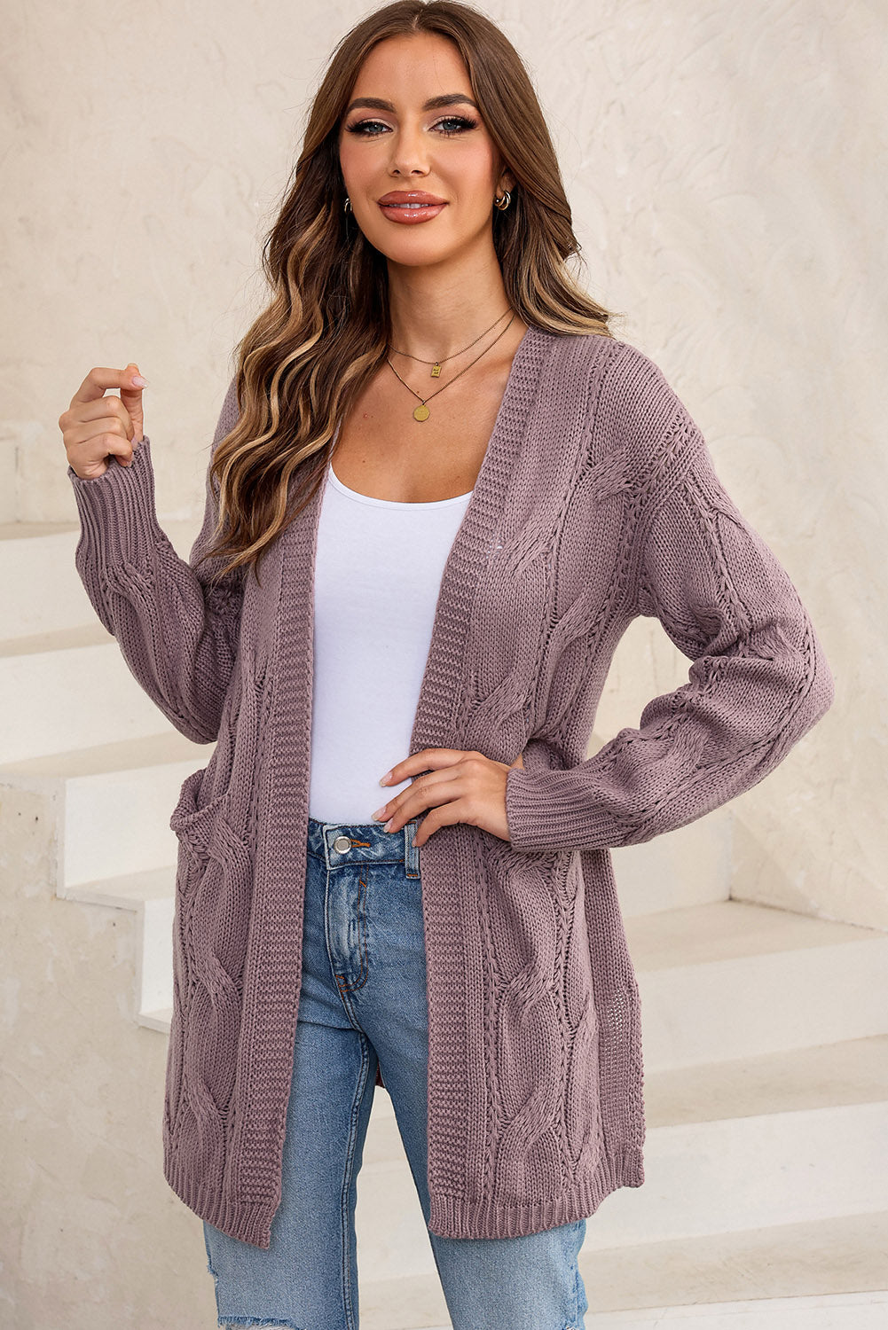 Hazel Blues® |  Cable-Knit Dropped Shoulder Cardigan