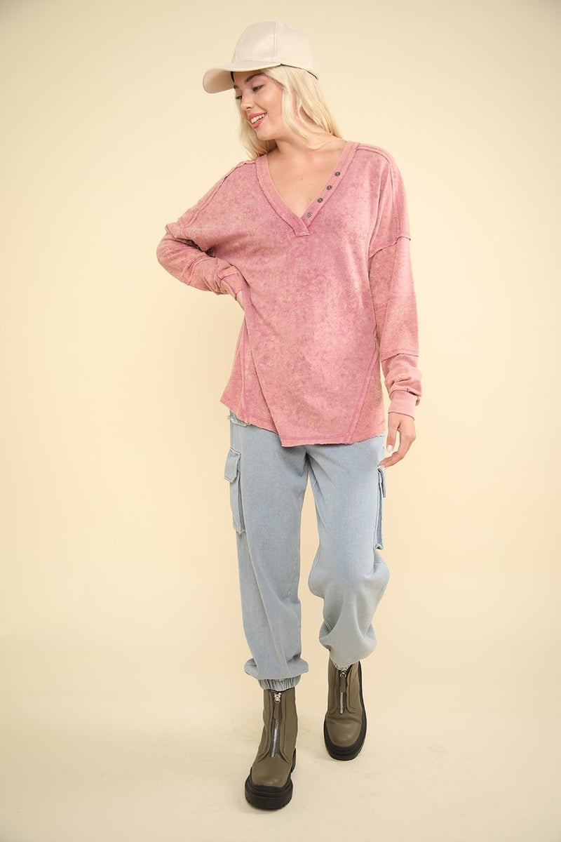 Hazel Blues® |  VERY J Washed V-Neck Exposed Seam Knit Top