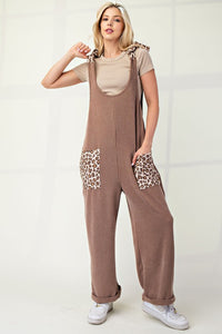 Hazel Blues® |  Celeste Ribbed Leopard Tied Shoulder Overalls