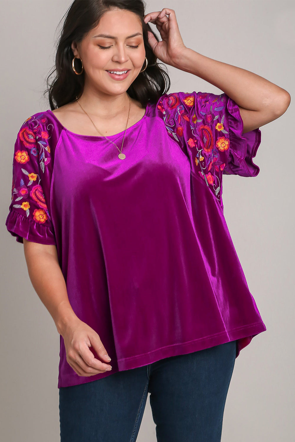 Hazel Blues® |  Umgee Velvet Embroidery Short Sleeve Blouse