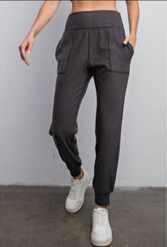 Hazel Blues® |  Rib Brushed Full Length Jogger Pant in Black