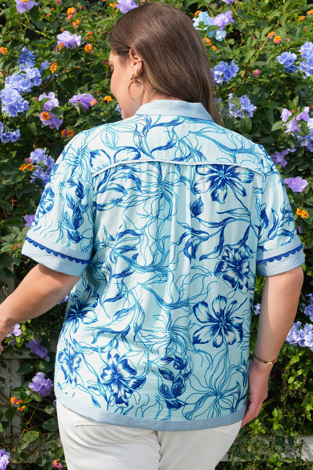 Sky Blue Scalloped Trim Floral Short-Sleeve Blouse