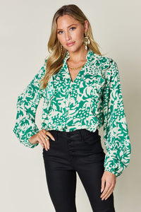 Hazel Blues® |  Double Take Printed Ruffle Trim Balloon Sleeve Shirt