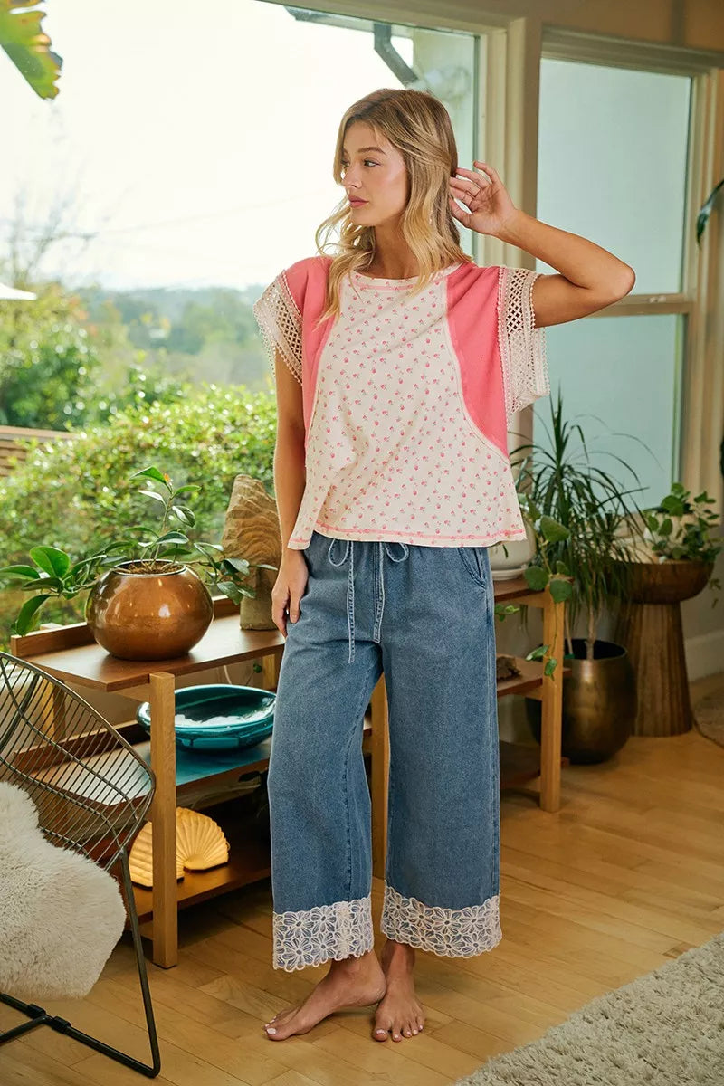 BiBi Washed Denim Waist Flower Lace Trim Pants – Hazel Blues®