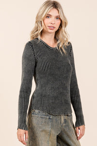 Hazel Blues® |  Mittoshop Mineral Wash Fitted Long Sleeve Rib Knit Top