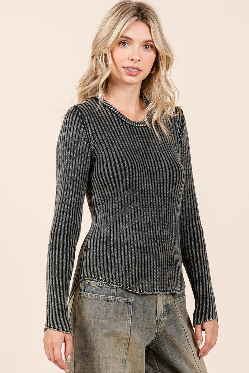 Hazel Blues® |  Mittoshop Mineral Wash Fitted Long Sleeve Rib Knit Top