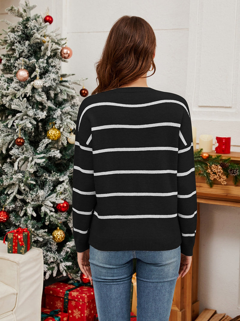 Hazel Blues® |  Sequin Santa Striped Round Neck Long Sleeve Sweater