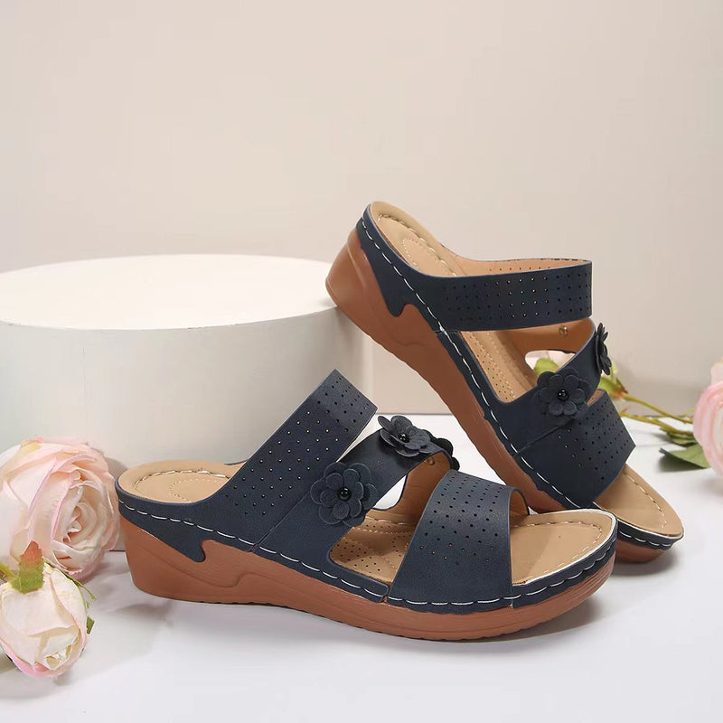 Hazel Blues® |  Flower PU Leather Wedge Sandals