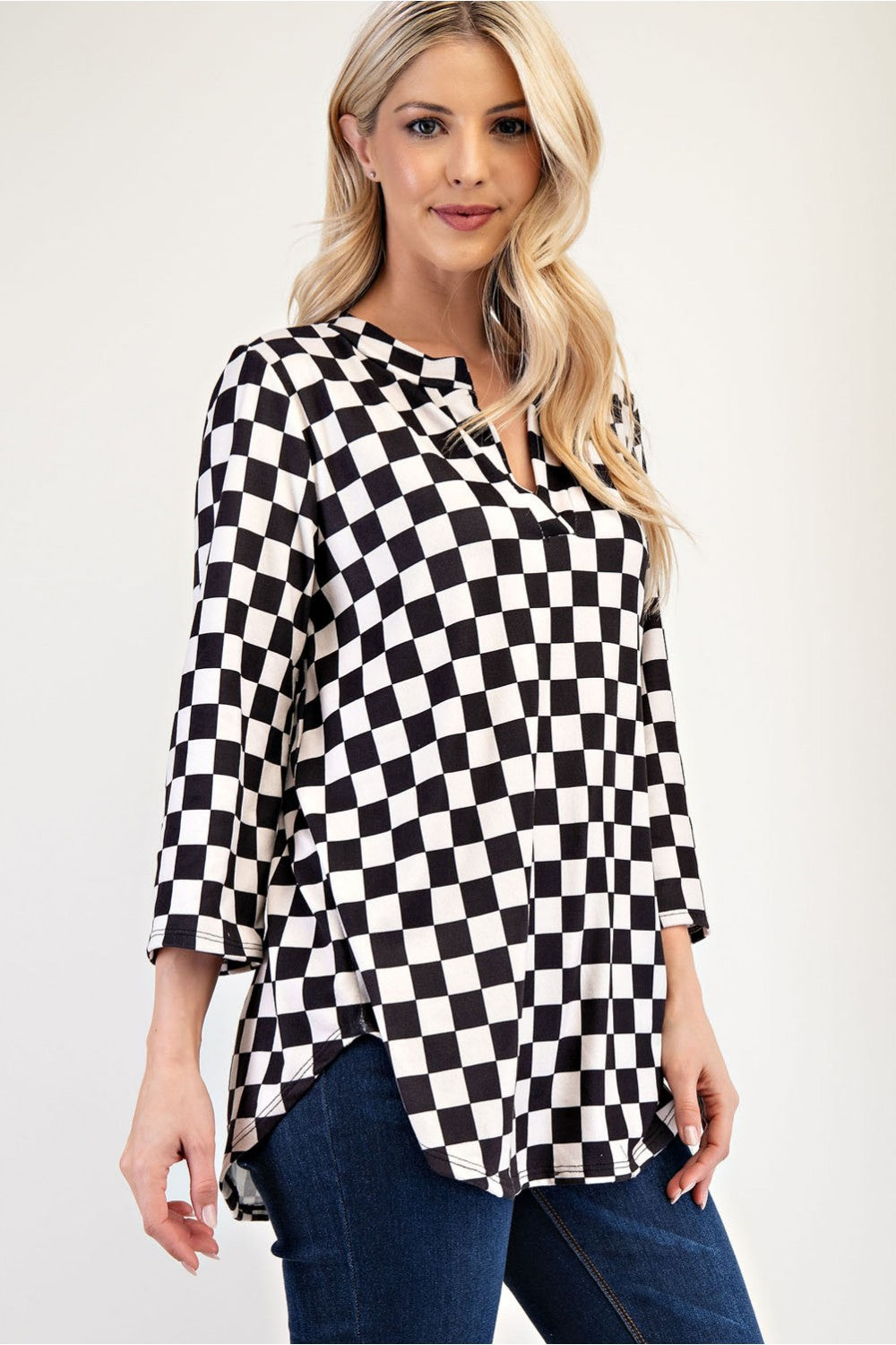 Hazel Blues® |  Celeste Curved Hem Checkered Notched Blouse