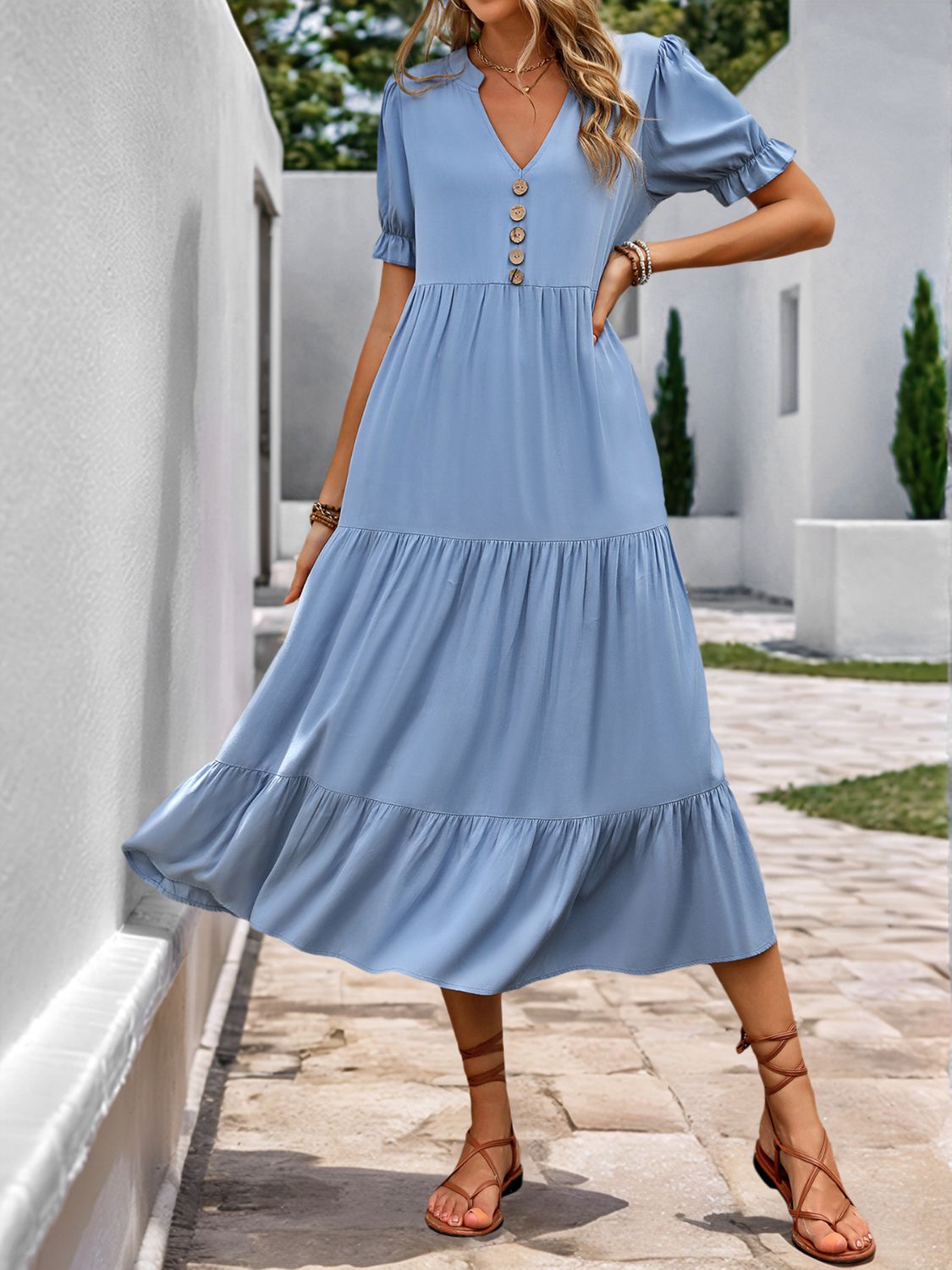 Hazel Blues® |  Perfee Decorative Button Notched Short Sleeve Midi Dress