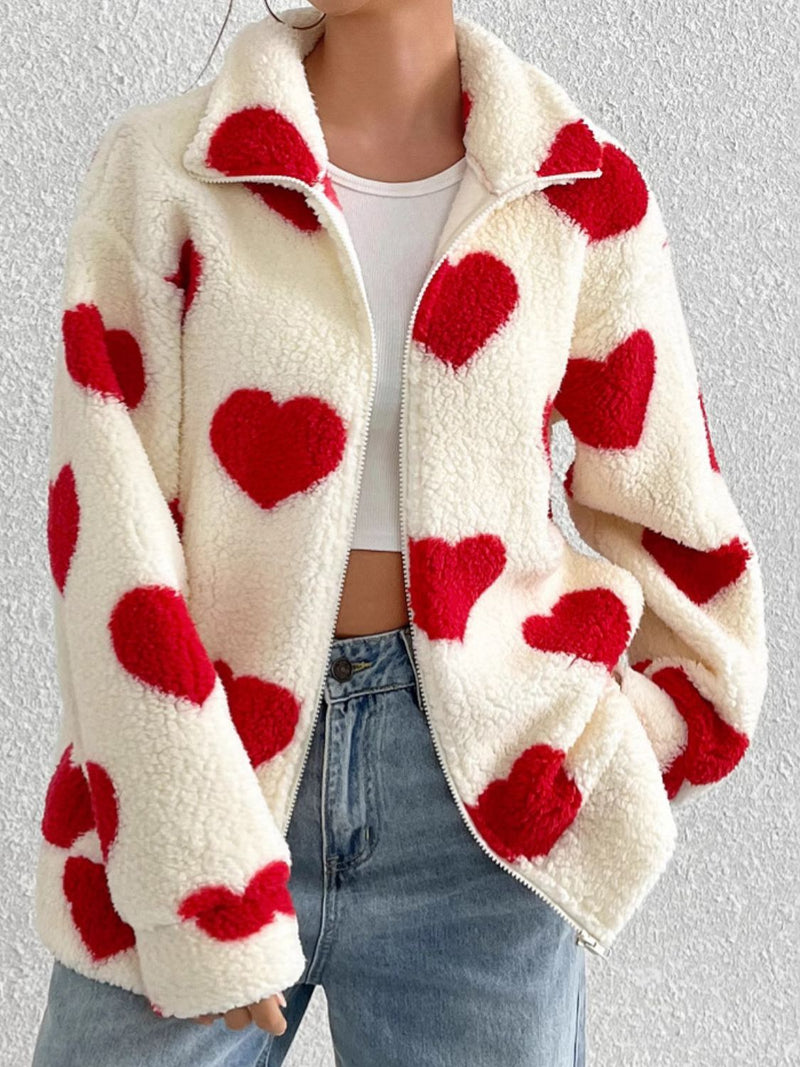 Hazel Blues® |  Heart Zip Up Drop Shoulder Furry Jacket