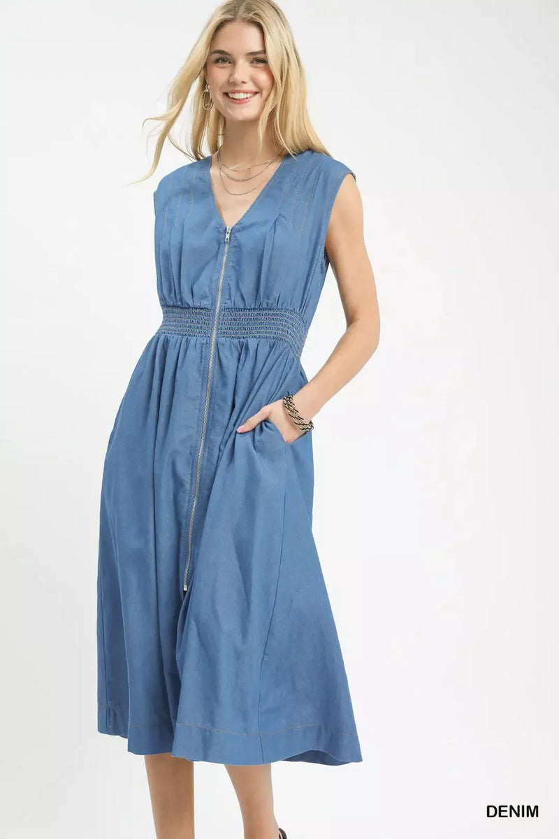denim sleeveless midi dress Umgee Denim Sleeveless Zip-Front Smocked Waist Midi Dress Denim / S