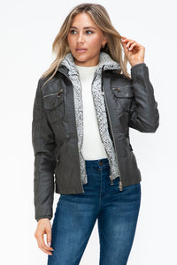 Hazel Blues® |  YMI Removable Faux Layered Multi-Pocket Jacket with Fuzzy Hood