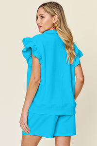 Hazel Blues® |  Double Take Texture Flounce Sleeve Top and Drawstring Shorts Set