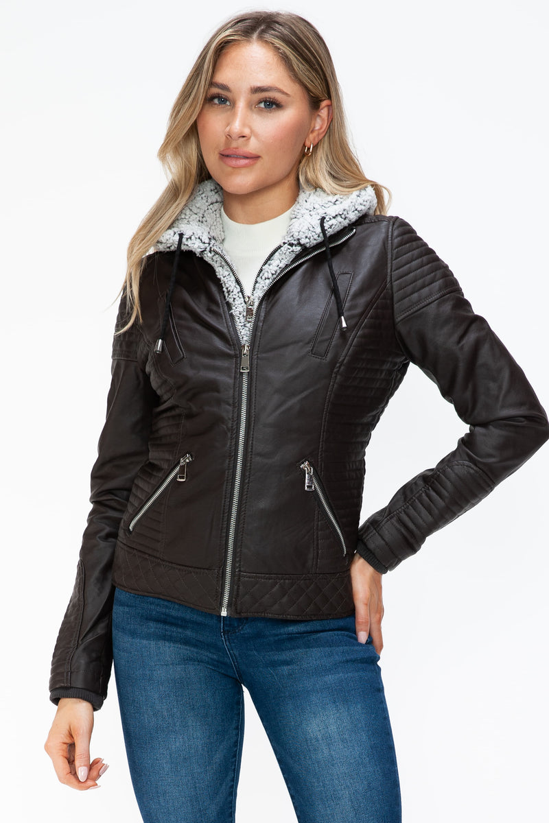 Hazel Blues® |  YMI Faux Layered Double-Zipper Jacket with Fuzzy Hood