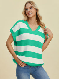 Hazel Blues® |  Double Take Striped V-Neck Short Sleeve Sweater