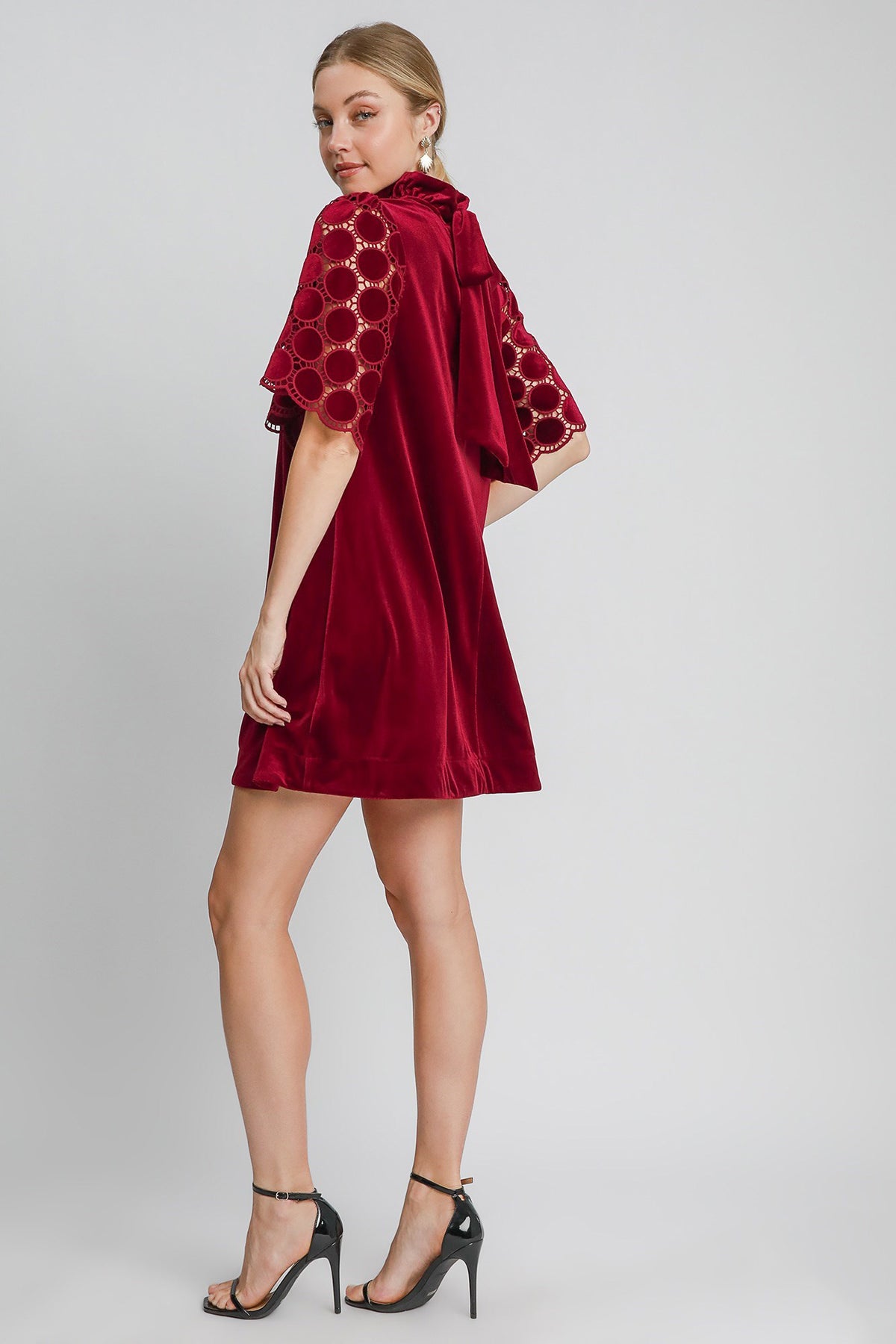 Hazel Blues® |  Umgee Dotted Lace Half Sleeve Mock Neck Back Tie Velvet Dress