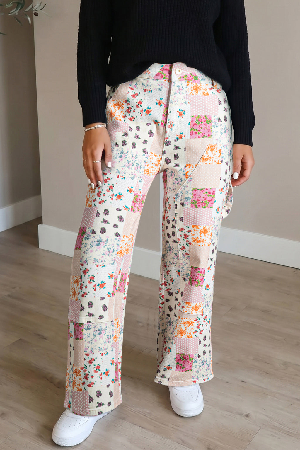 Eloise Jane Pink Floral Patchwork Wide-Leg Full-Length Jeans