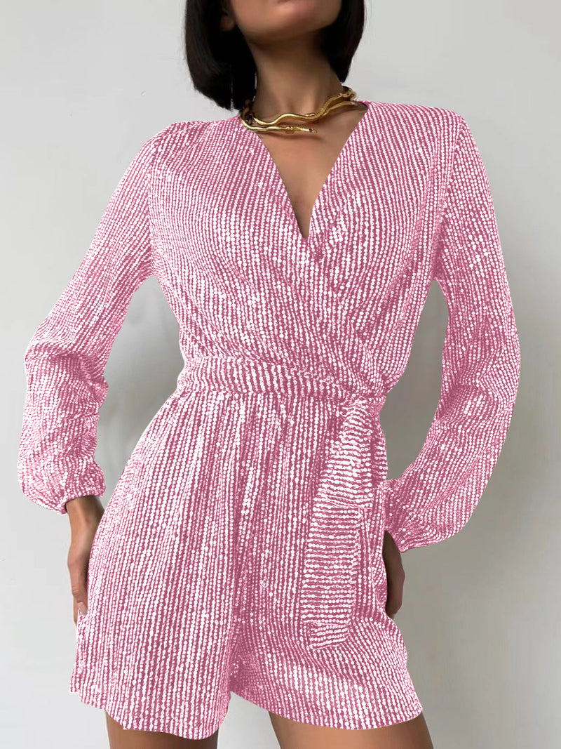 Hazel Blues® |  Sequin Surplice Tie Waist Long Sleeve Romper