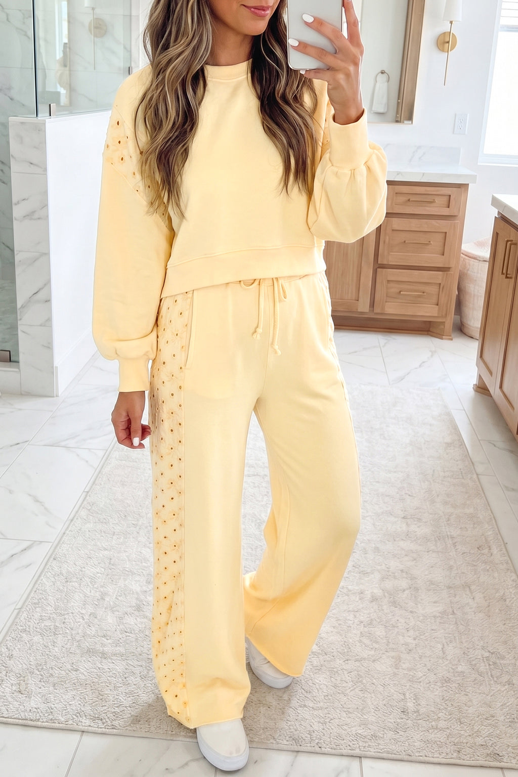 Lace Patchwork Eyelet Embroidered Cropped Pullover Drawstring Pants Set | Lace Embroidered Eyelet Pants