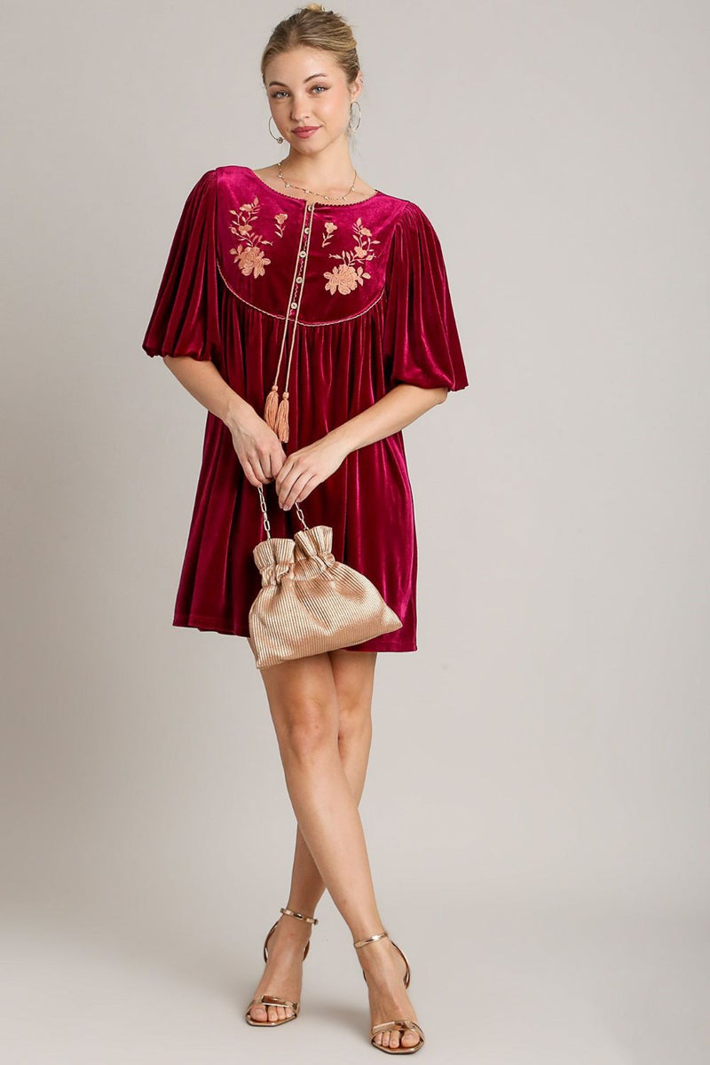 Hazel Blues® |  Umgee Embroidered Half Sleeve Velvet Mini Dress with Tassel