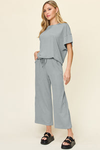 Hazel Blues® |  Double Take Texture Round Neck Short Sleeve T-Shirt and Wide Leg Pants