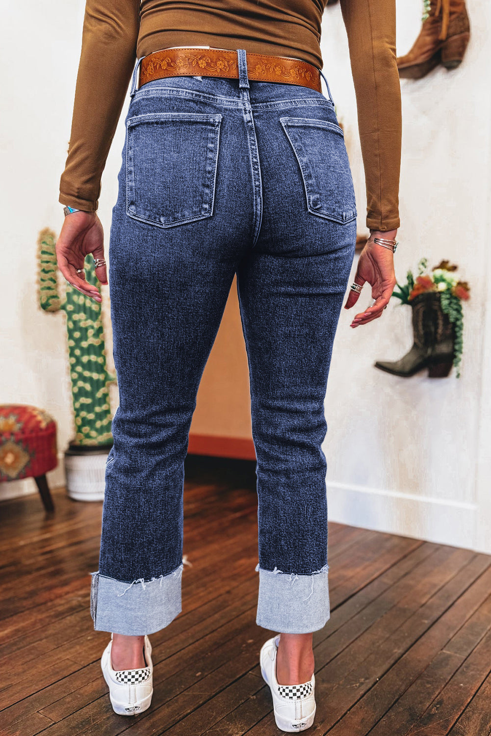 Hazel Blues® |  Real Teal Folded Cuffs Distressed Straight High Waist Jeans