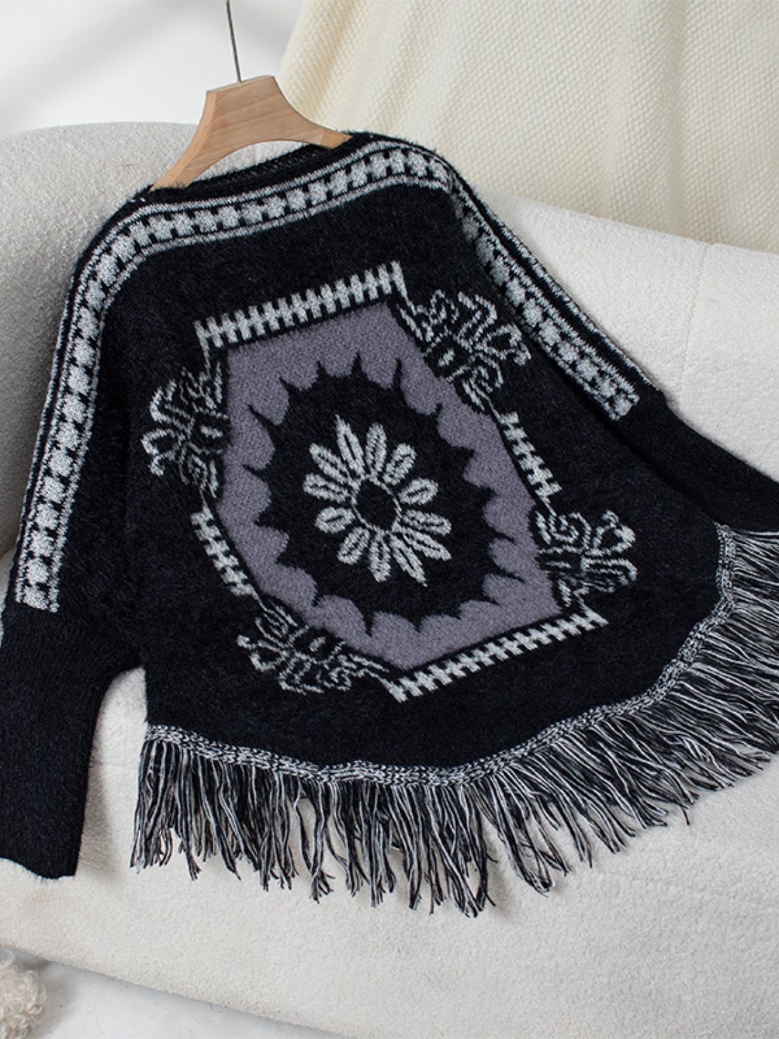 Hazel Blues® |  Fringe Geometric Long Sleeve Poncho